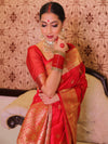 Banarasee Handwoven Semi-Katan Tanchoi Weaving Floral Border Saree-Red