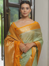 Banarasee Handloom Mirror Work Dupion Saree With Contrast Border-Light Green & Yellow