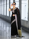 Bhagalpur Handloom Pure Linen Cotton Saree With Resham Embroidered Border-Black