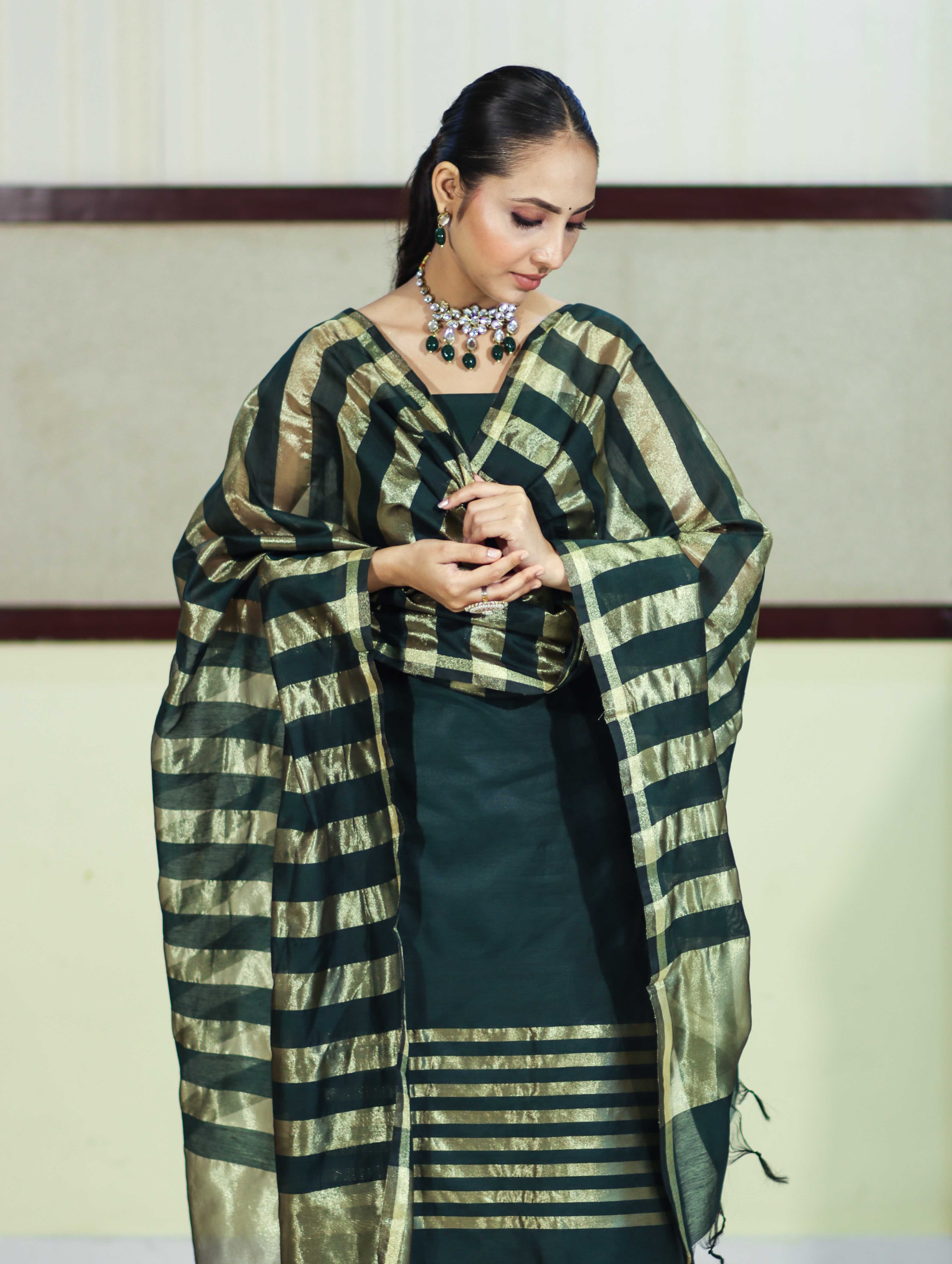 Banarasee Cotton Silk Stripe Pattern Salwar Kameez Fabric With Dupatta Set-Deep Green