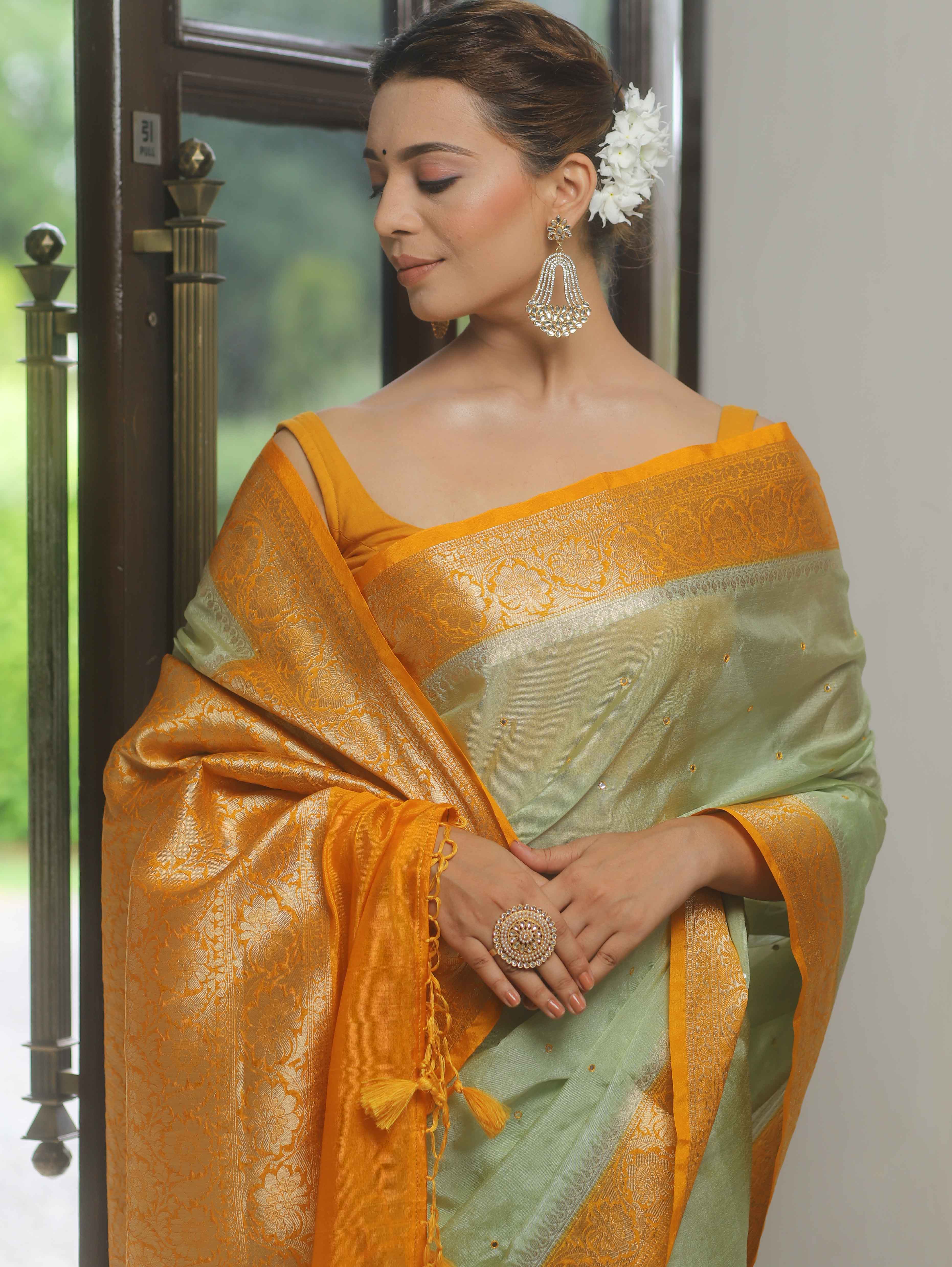 Banarasee Handloom Mirror Work Dupion Saree With Contrast Border-Light Green & Yellow