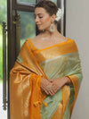 Banarasee Handloom Mirror Work Dupion Saree With Contrast Border-Light Green & Yellow
