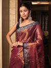 Banarasee Dual Shaded Linen Tissue Saree With Floral Border-Gold