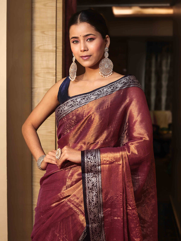 Banarasee Dual Shaded Linen Tissue Saree With Floral Border-Gold