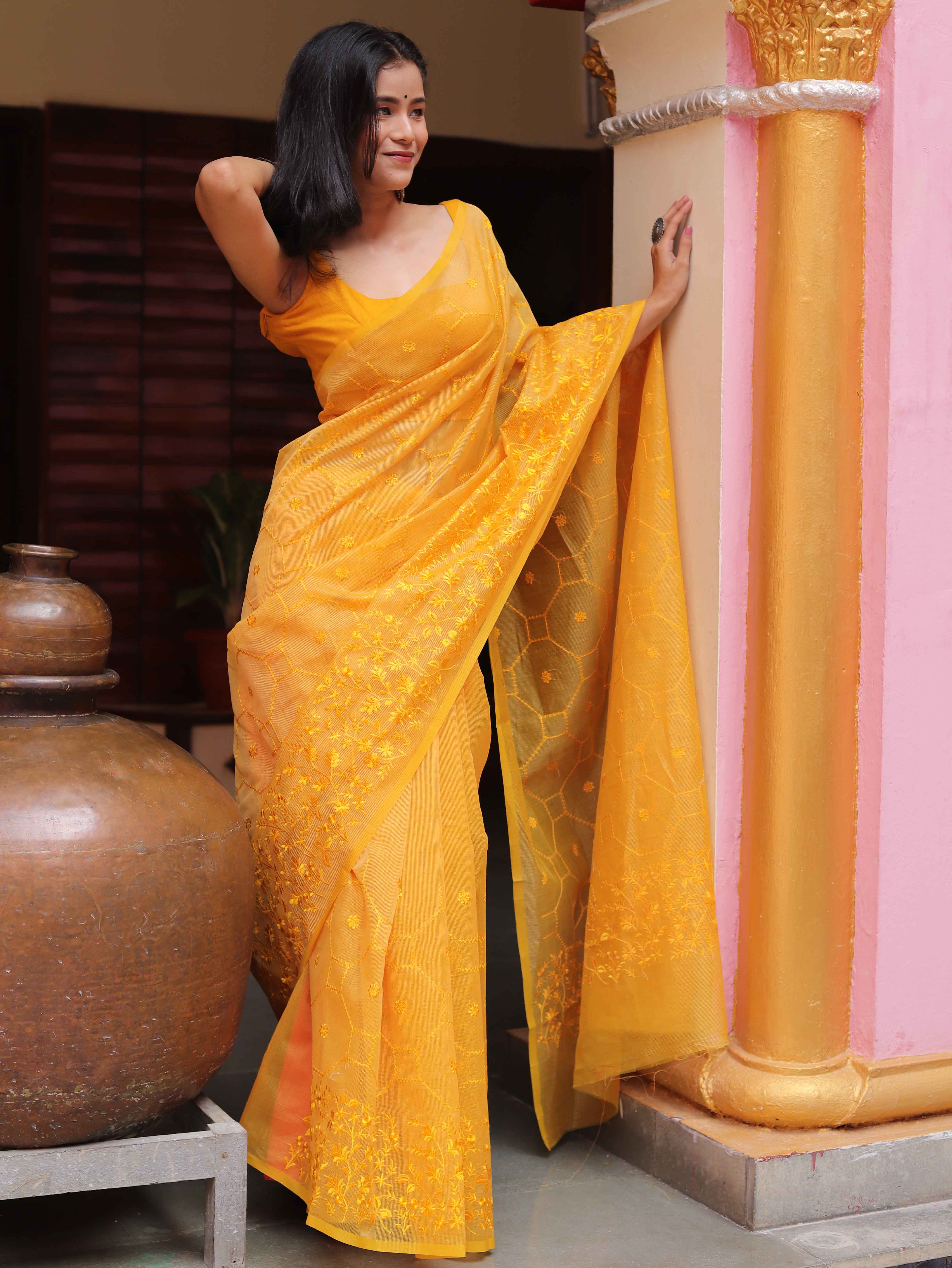 Banarasee Handwoven Super Net Embroidered Saree-Yellow
