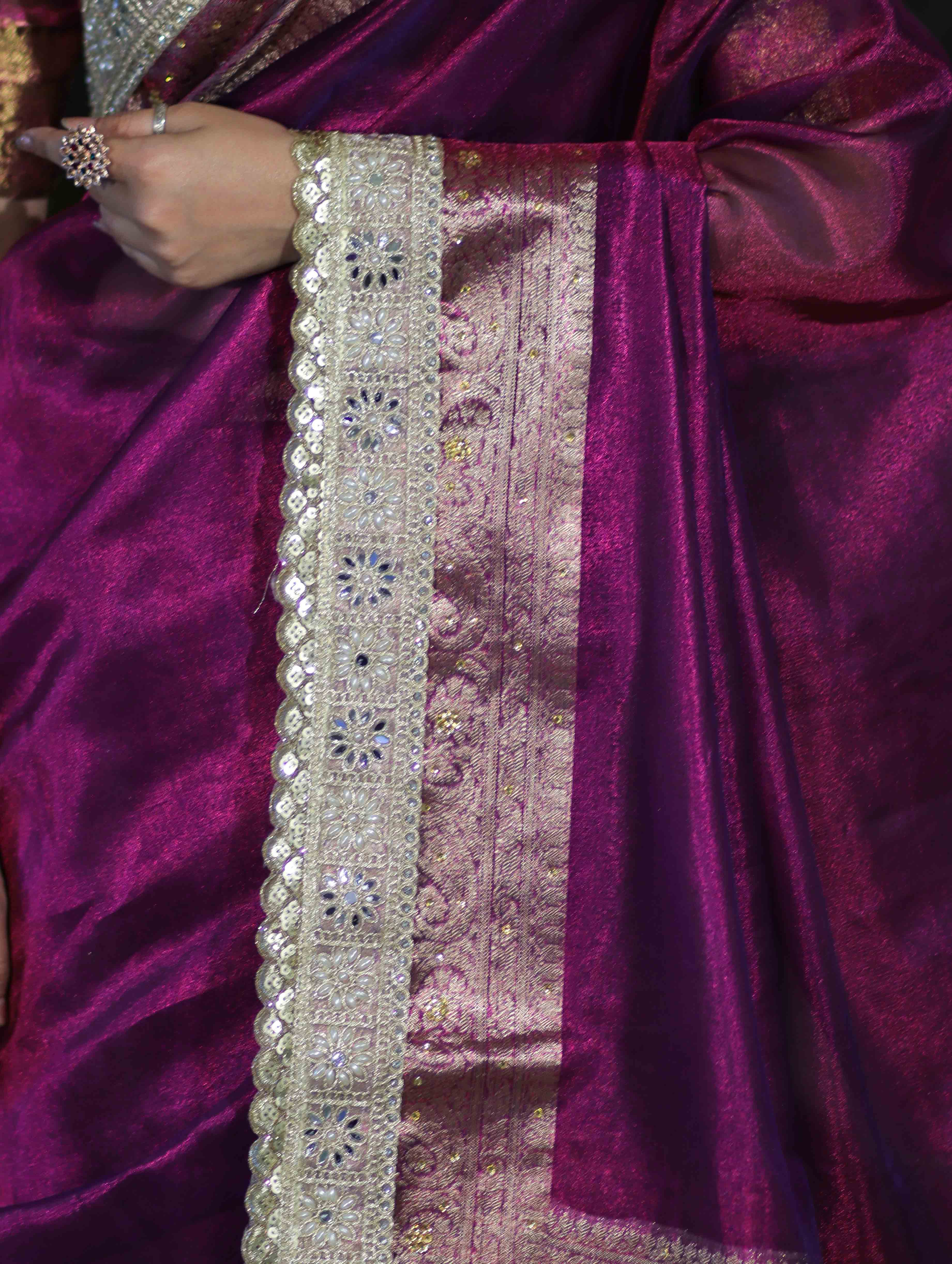 Banarasee Plain Tissue Saree With Swarovski Work Pallu & Zari Lace Border-Purple