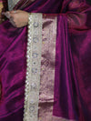 Banarasee Plain Tissue Saree With Swarovski Work Pallu & Zari Lace Border-Purple