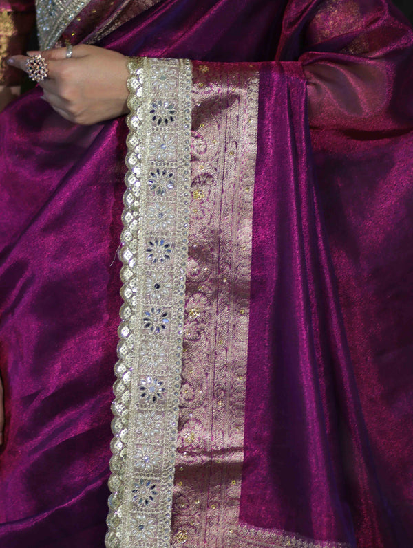 Banarasee Plain Tissue Saree With Swarovski Work Pallu & Zari Lace Border-Purple