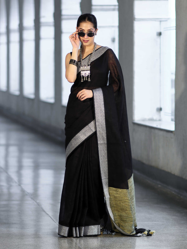 Bhagalpur Handloom Pure Linen Cotton Saree With Resham Embroidered Border-Black
