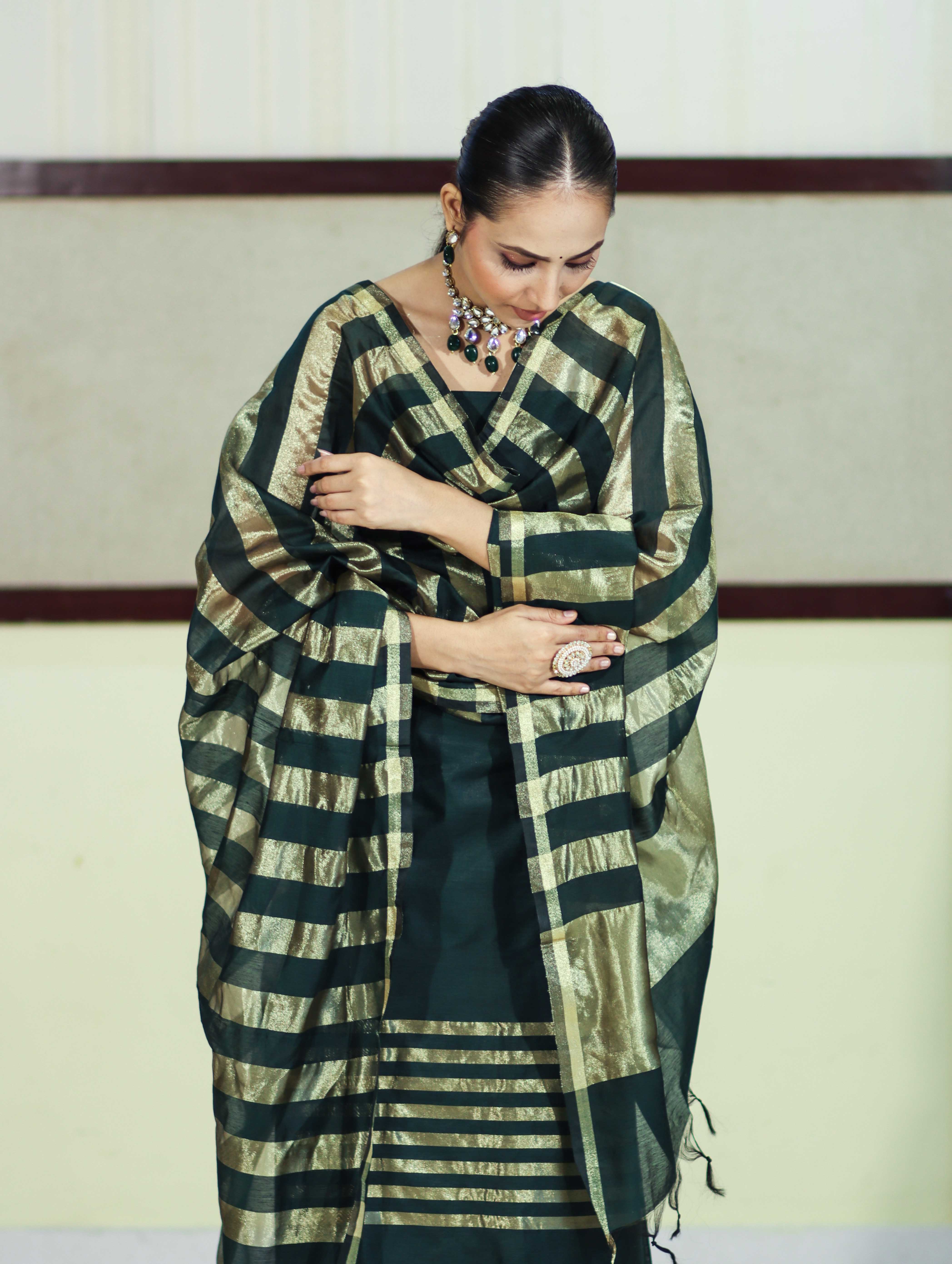 Banarasee Cotton Silk Stripe Pattern Salwar Kameez Fabric With Dupatta Set-Deep Green