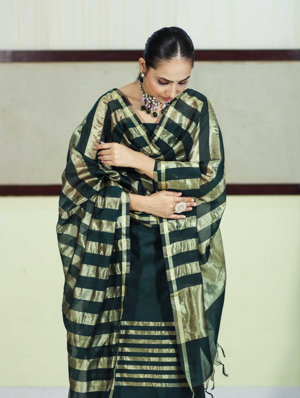 Banarasee Cotton Silk Stripe Pattern Salwar Kameez Fabric With Dupatta Set-Deep Green
