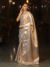 Banarasee Handwoven Tissue Saree With Silver Zari Jaal Design & Lace-Silver