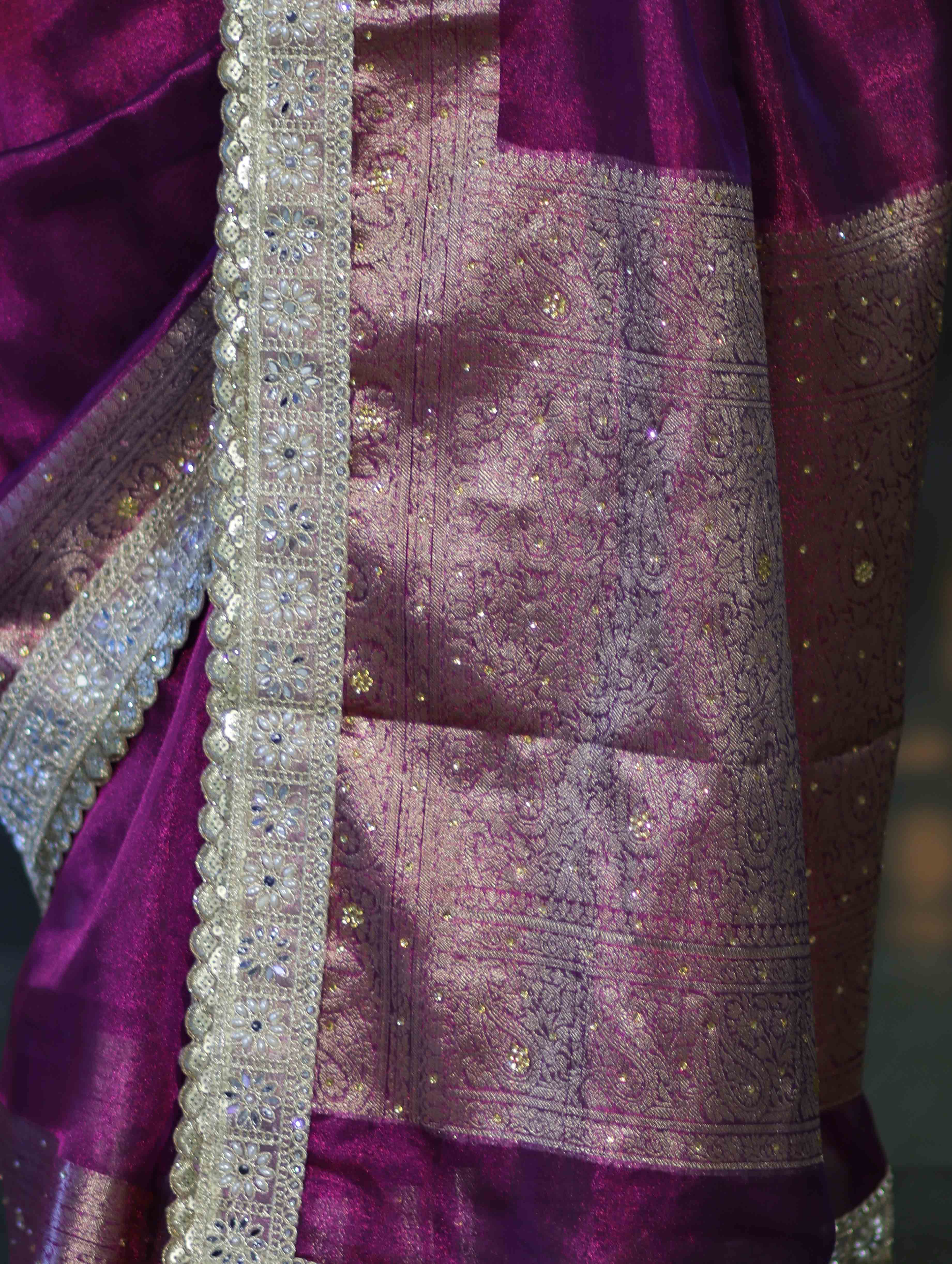 Banarasee Plain Tissue Saree With Swarovski Work Pallu & Zari Lace Border-Purple