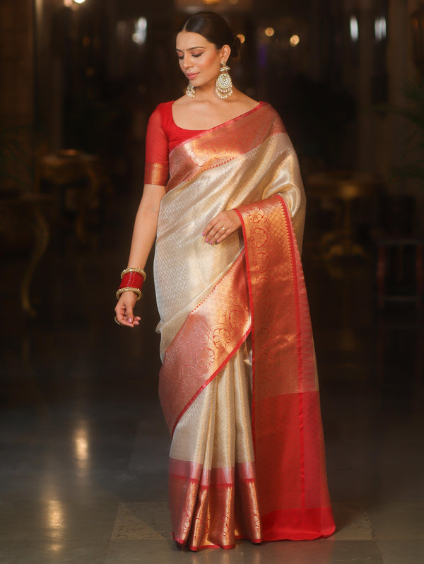 Banarasee Handwoven Tissue Saree With Zari Broad Broder-Sliver & Red