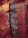 Banarasee Dual Shaded Linen Tissue Saree With Floral Border-Gold