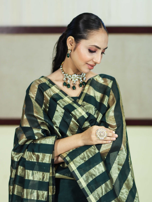 Banarasee Cotton Silk Stripe Pattern Salwar Kameez Fabric With Dupatta Set-Deep Green