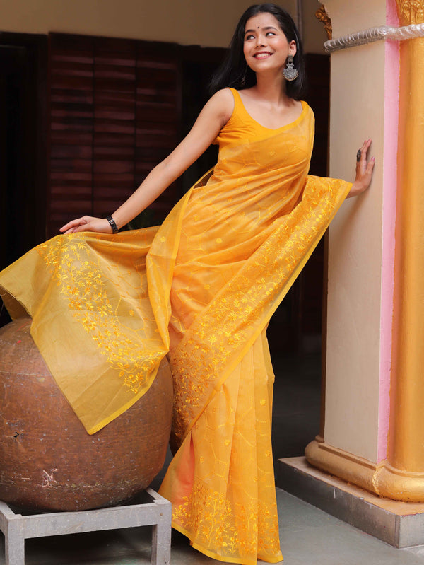 Banarasee Handwoven Super Net Embroidered Saree-Yellow