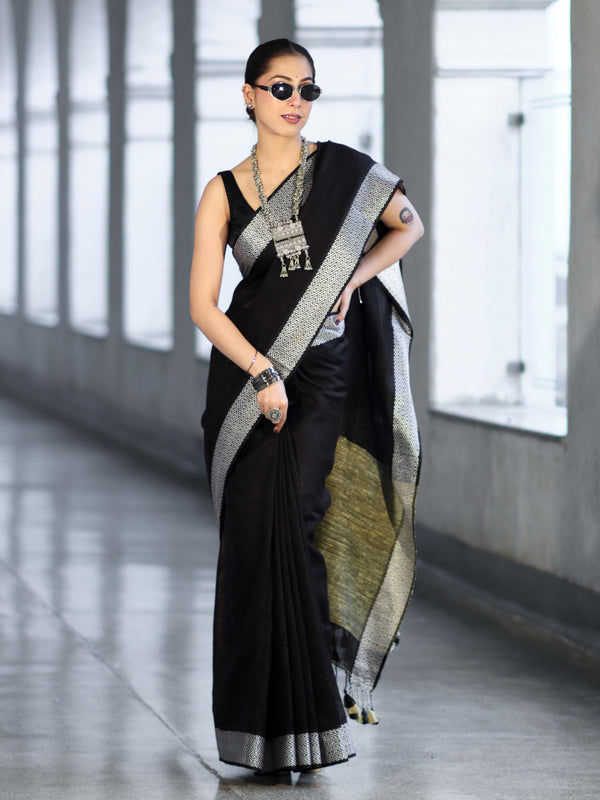 Bhagalpur Handloom Pure Linen Cotton Saree With Resham Embroidered Border-Black
