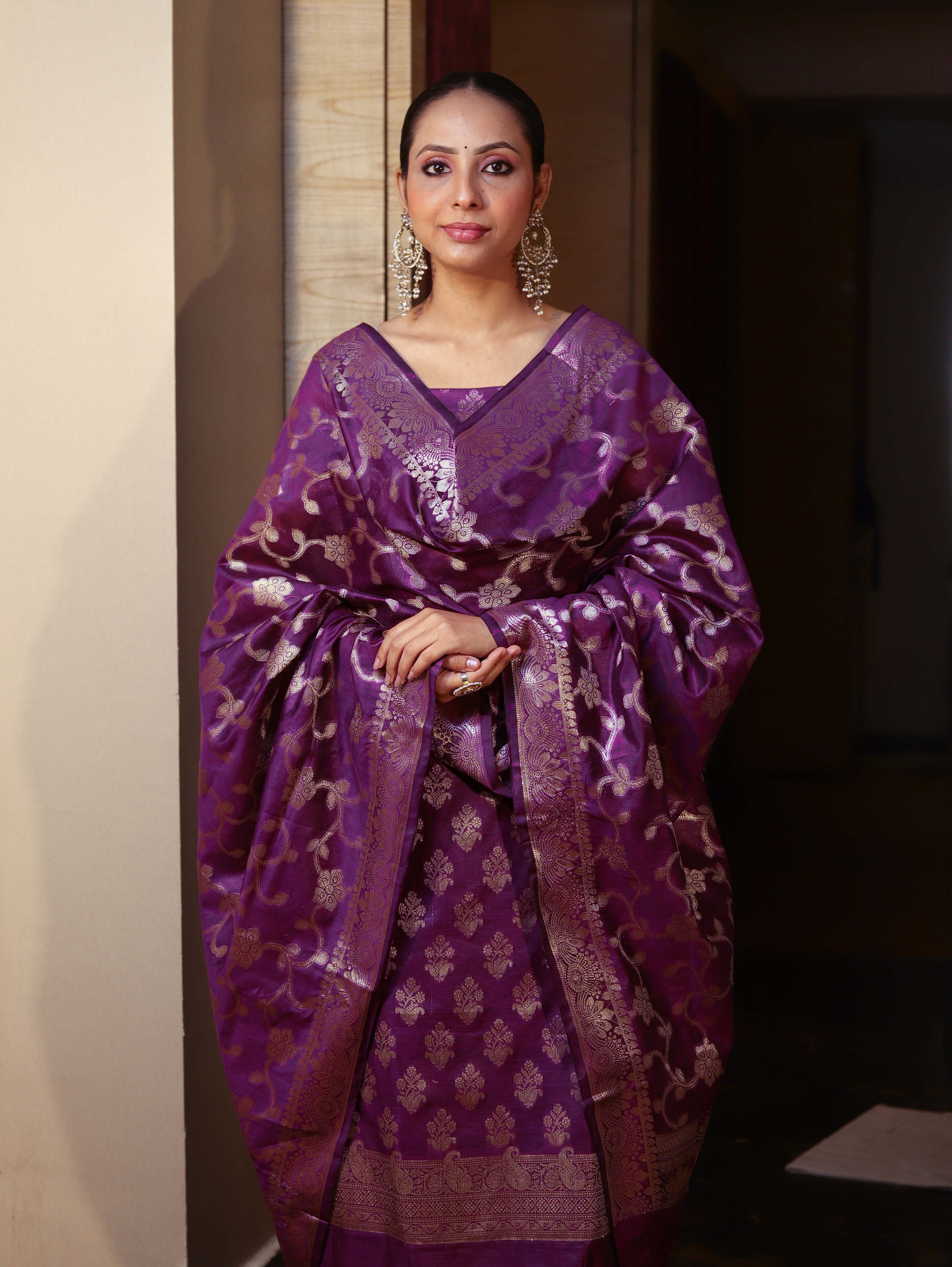 Banarasee Cotton Silk Zari Buta Work Salwar Kameez Fabric With Dupatta Set-Purple