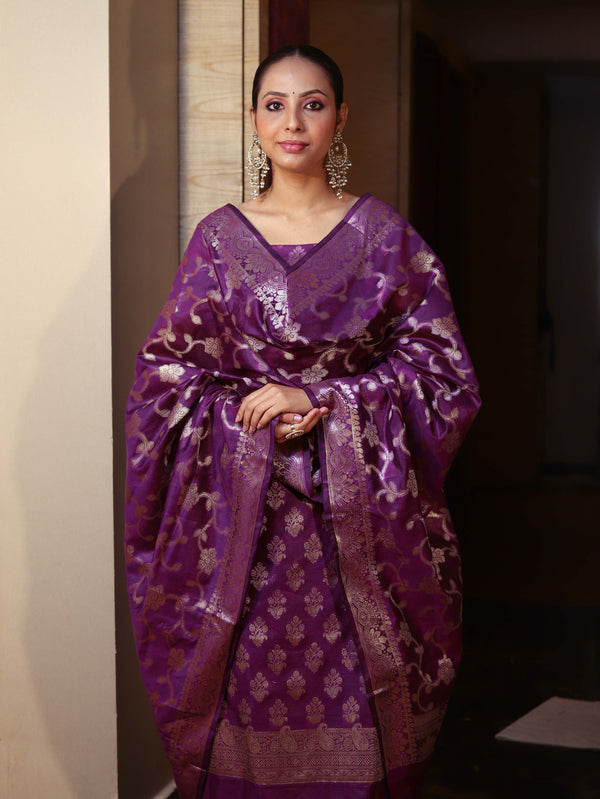 Banarasee Cotton Silk Zari Buta Work Salwar Kameez Fabric With Dupatta Set-Purple