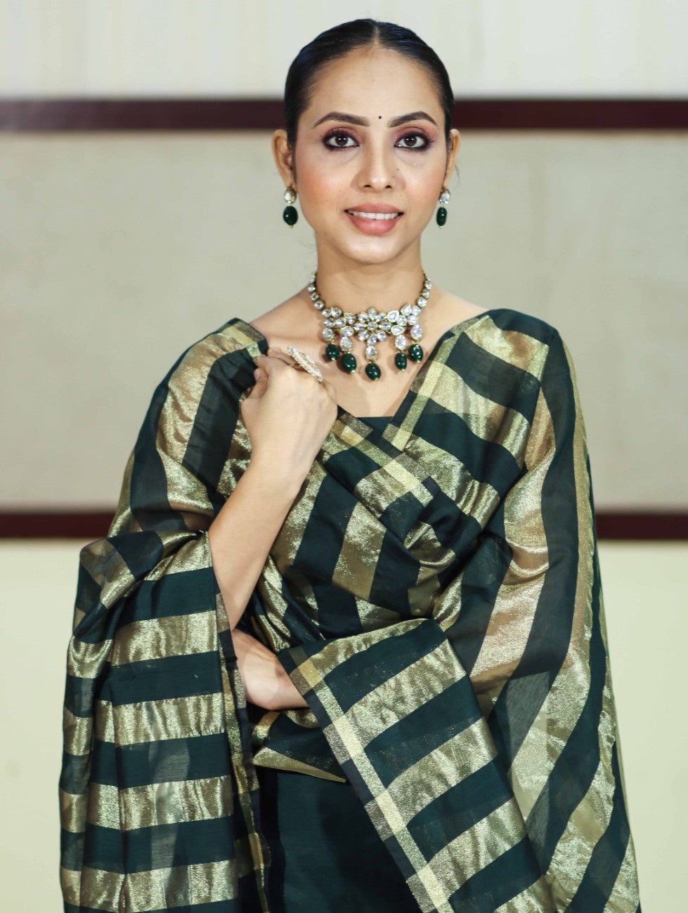 Banarasee Cotton Silk Stripe Pattern Salwar Kameez Fabric With Dupatta Set-Deep Green