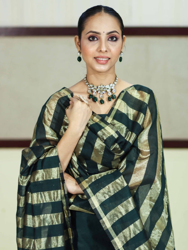 Banarasee Cotton Silk Stripe Pattern Salwar Kameez Fabric With Dupatta Set-Deep Green