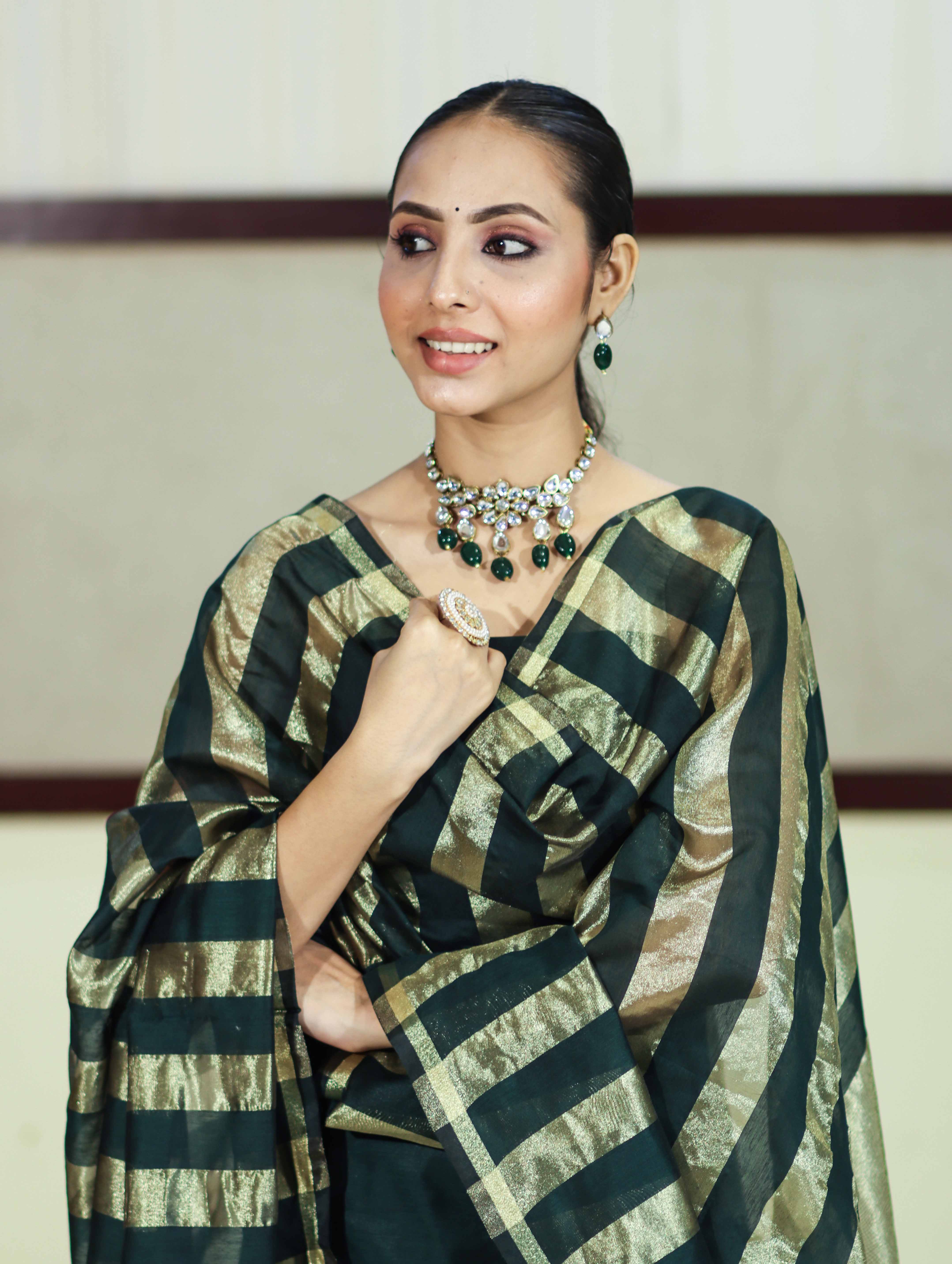 Banarasee Cotton Silk Stripe Pattern Salwar Kameez Fabric With Dupatta Set-Deep Green