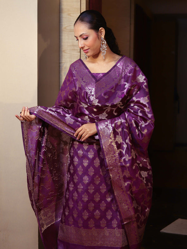 Banarasee Cotton Silk Zari Buta Work Salwar Kameez Fabric With Dupatta Set-Purple