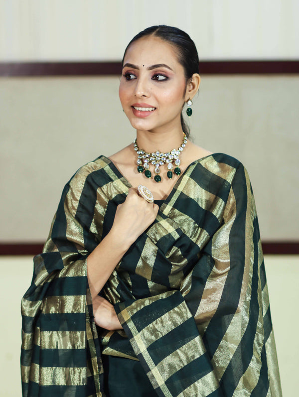 Banarasee Cotton Silk Stripe Pattern Salwar Kameez Fabric With Dupatta Set-Deep Green