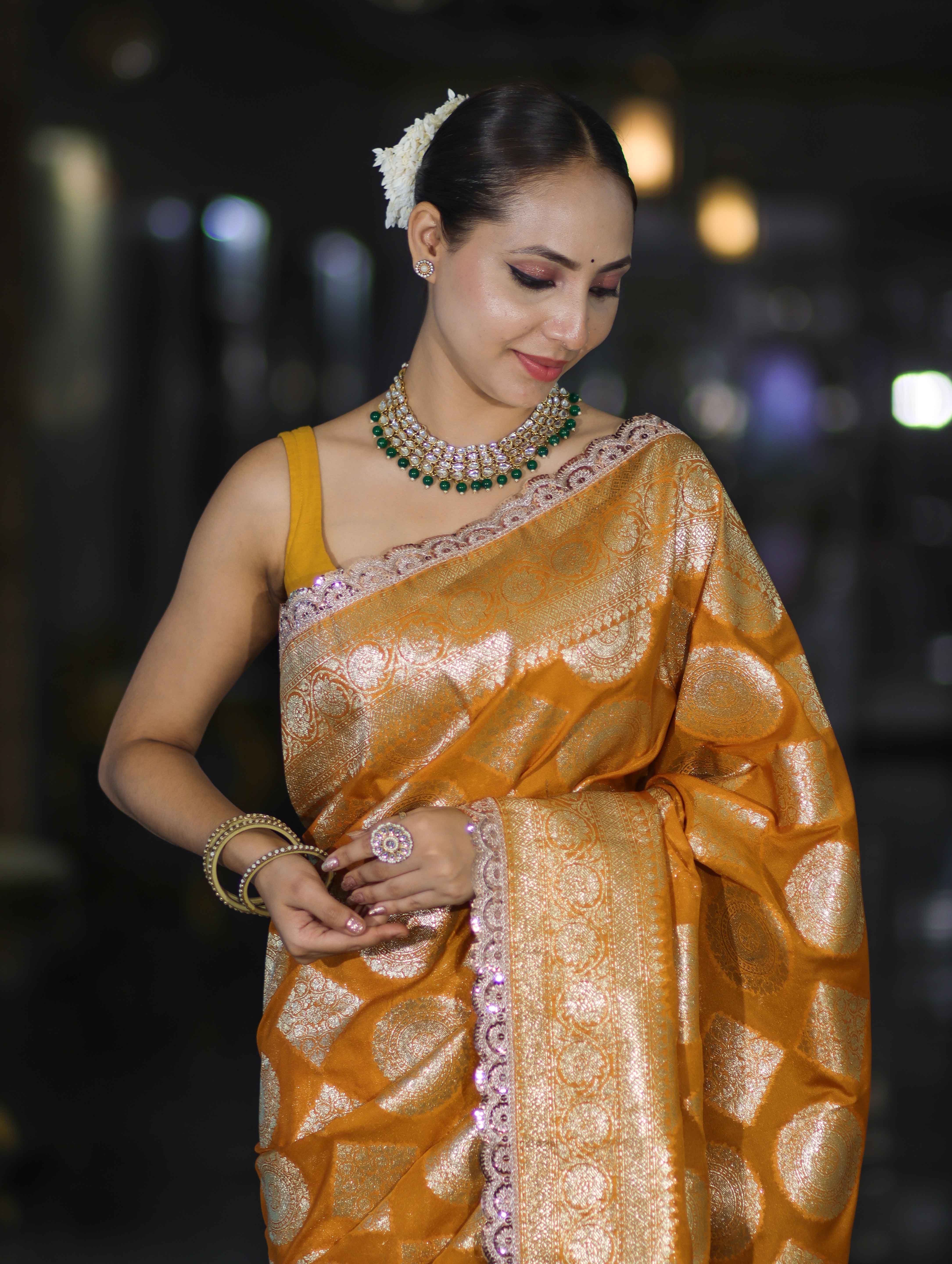 Banarasee Handloom Semi Silk Saree With Buta Design Zari Border & Lace-Mustard Yellow