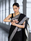 Bhagalpur Handloom Pure Linen Cotton Saree With Resham Embroidered Border-Black