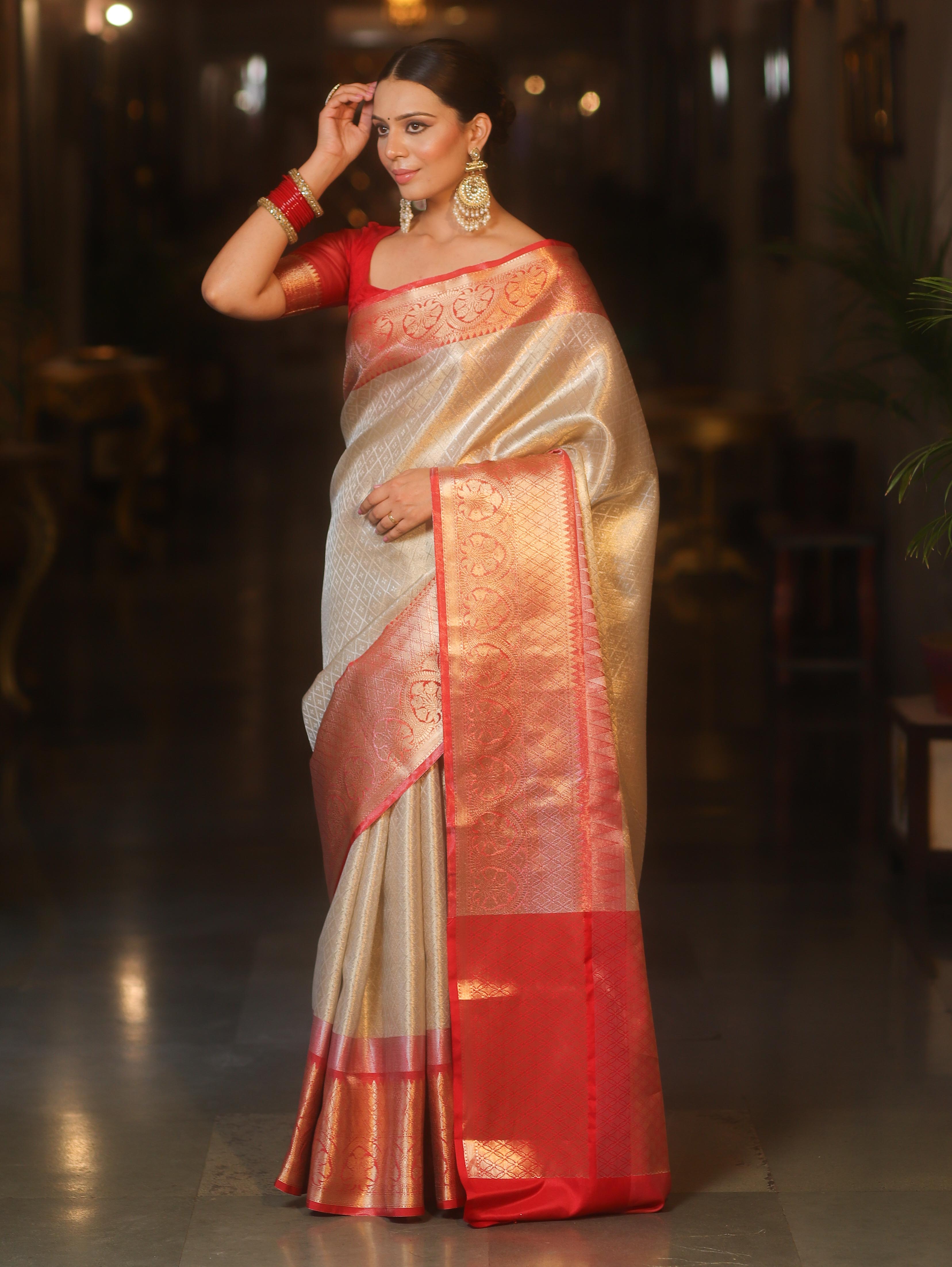 Banarasee Handwoven Tissue Saree With Zari Broad Broder-Sliver & Red