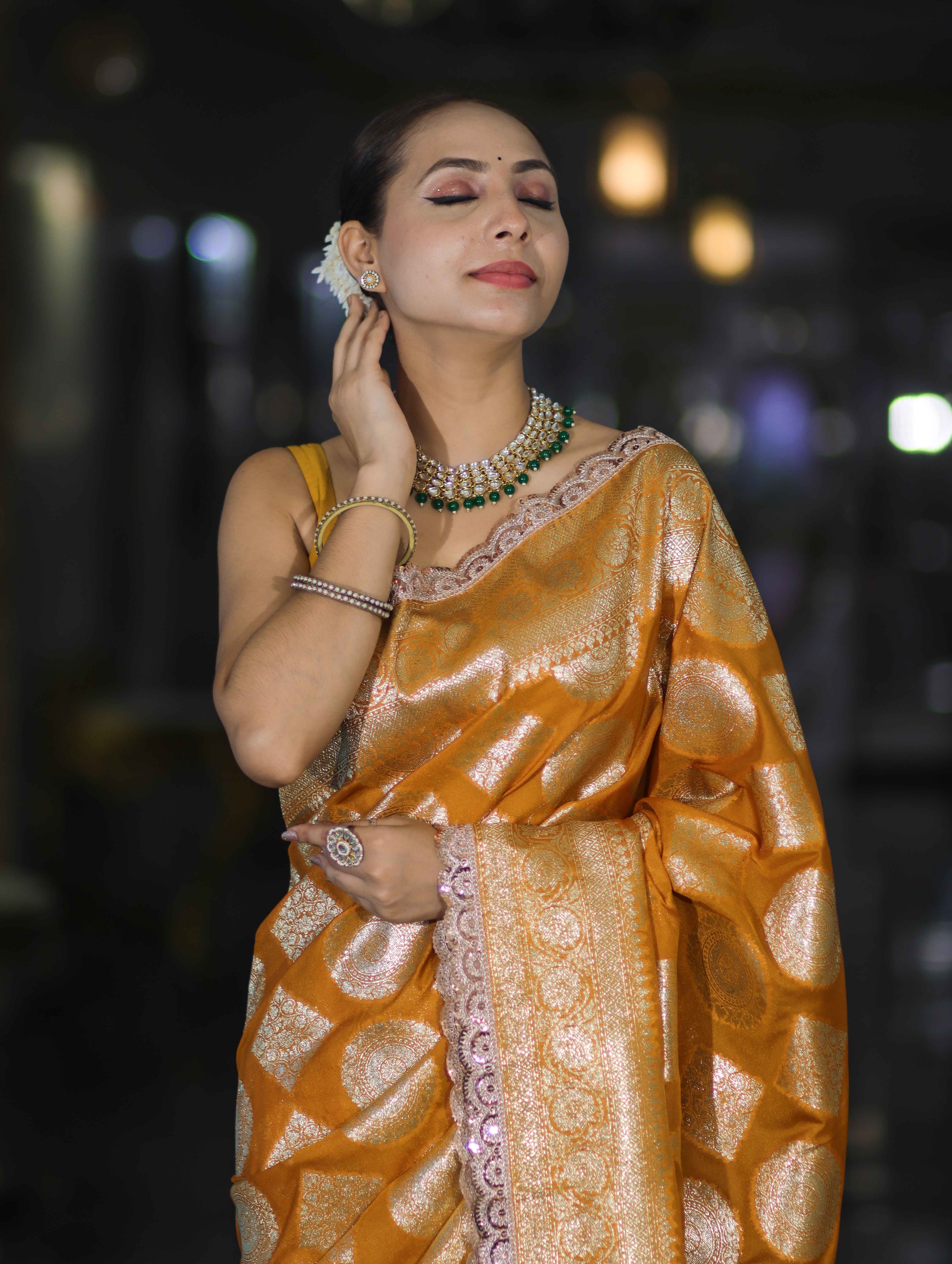 Banarasee Handloom Semi Silk Saree With Buta Design Zari Border & Lace-Mustard Yellow