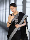 Bhagalpur Handloom Pure Linen Cotton Saree With Resham Embroidered Border-Black