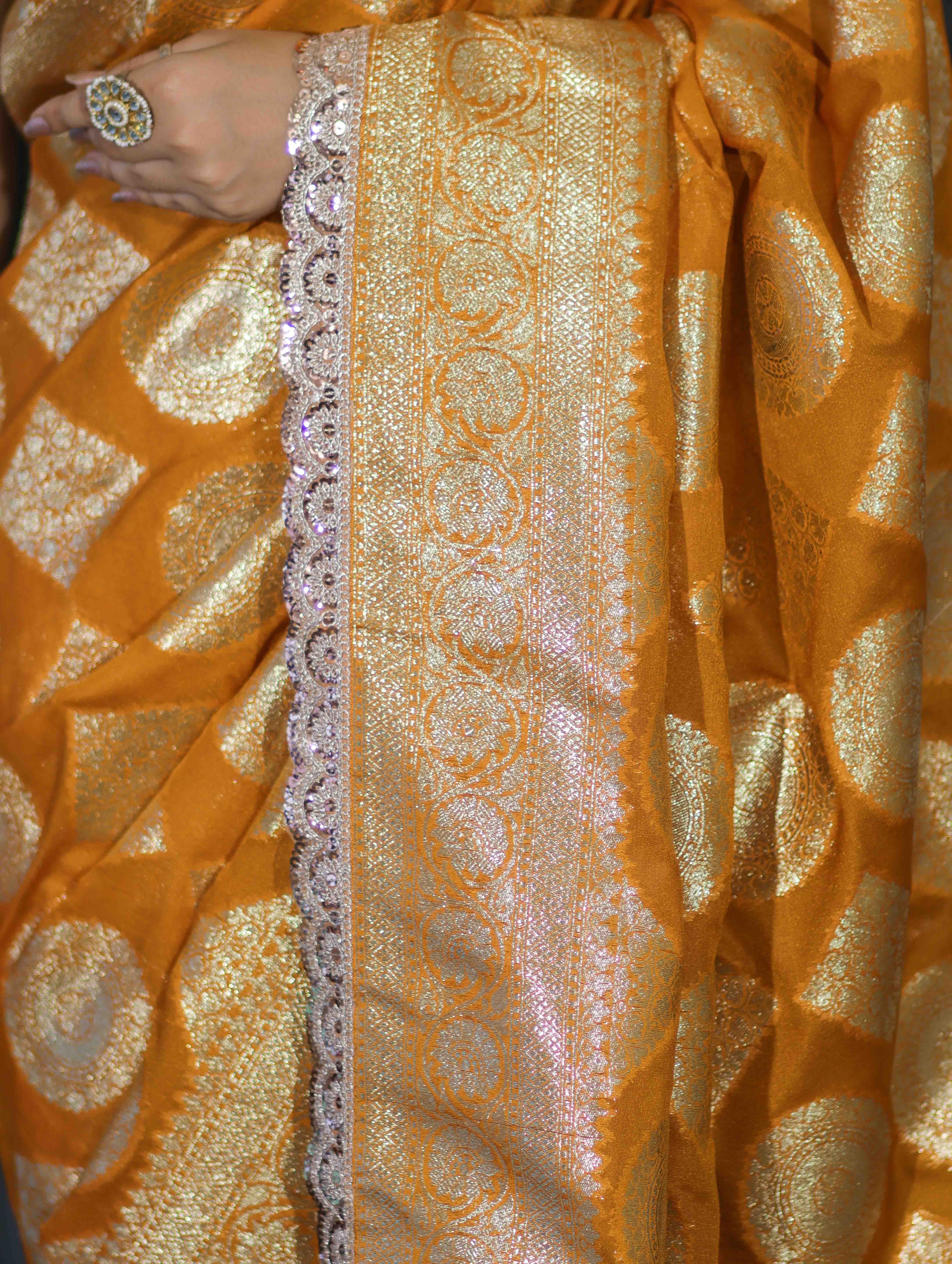 Banarasee Handloom Semi Silk Saree With Buta Design Zari Border & Lace-Mustard Yellow