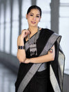 Bhagalpur Handloom Pure Linen Cotton Saree With Resham Embroidered Border-Black