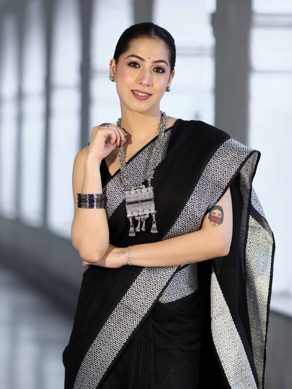 Bhagalpur Handloom Pure Linen Cotton Saree With Resham Embroidered Border-Black