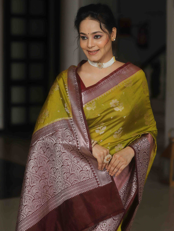 Banarasee Chiniya Katan Zari Buta & Contrast Border Saree-Olive Green & Maroon