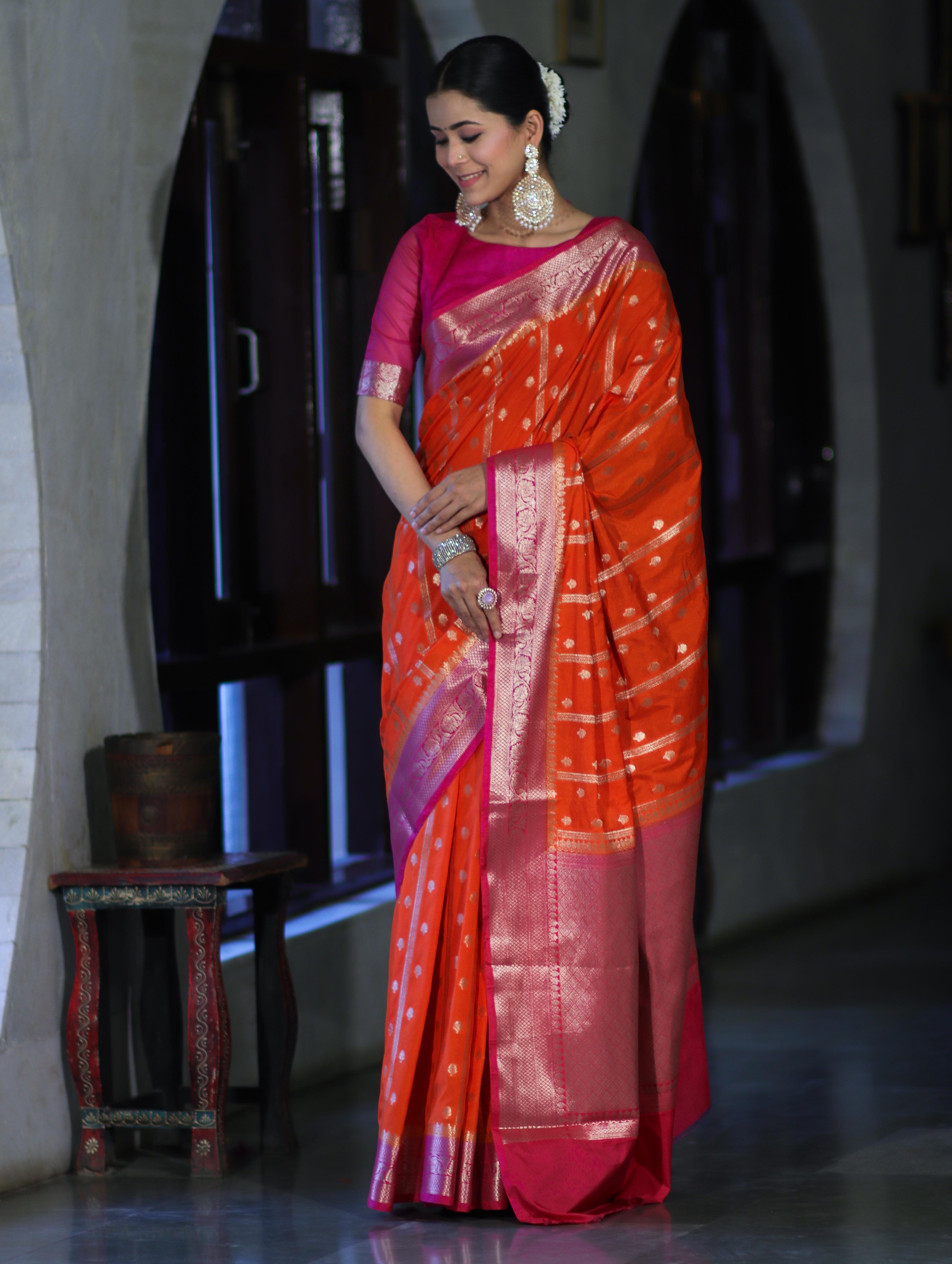 Banarasee Handloom Semi Silk Saree With Zari Design & Contrast Border-Orange & Pink