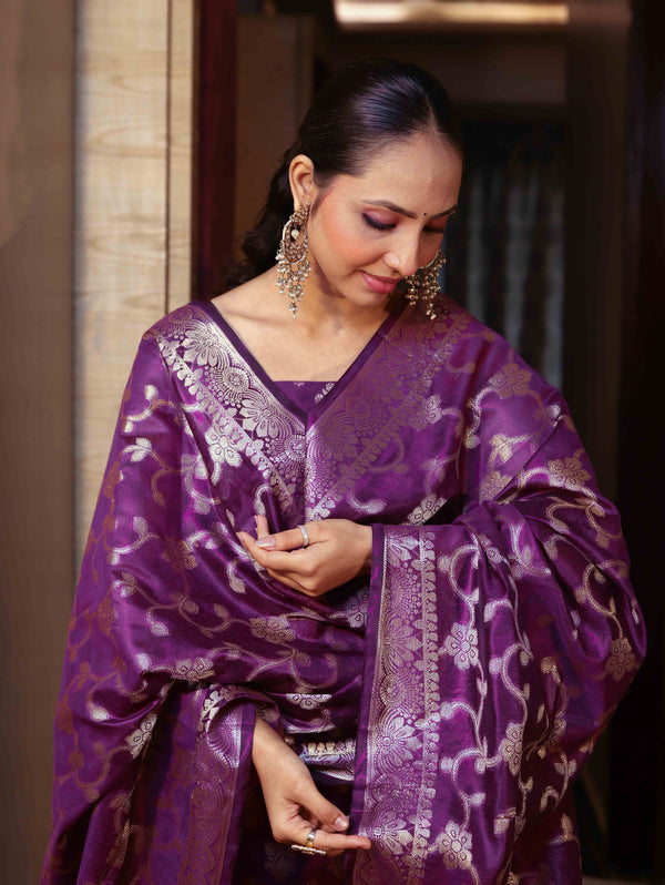 Banarasee Cotton Silk Zari Buta Work Salwar Kameez Fabric With Dupatta Set-Purple