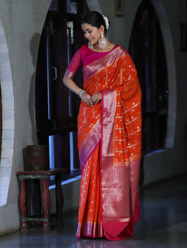Banarasee Handloom Semi Silk Saree With Zari Design & Contrast Border-Orange & Pink