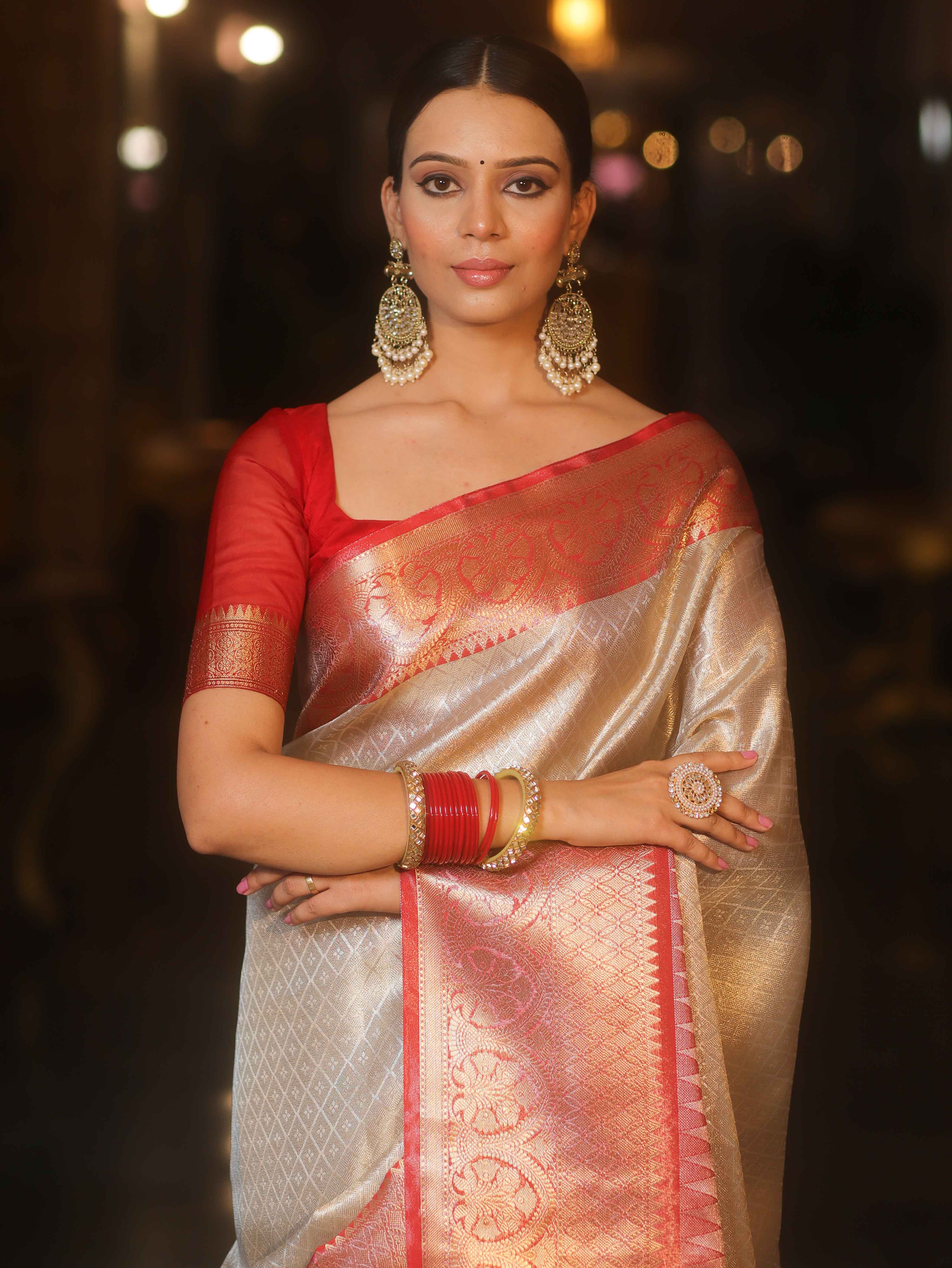 Banarasee Handwoven Tissue Saree With Zari Broad Broder-Sliver & Red