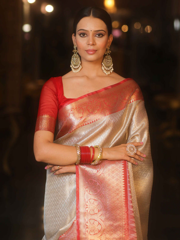 Banarasee Handwoven Tissue Saree With Zari Broad Broder-Sliver & Red