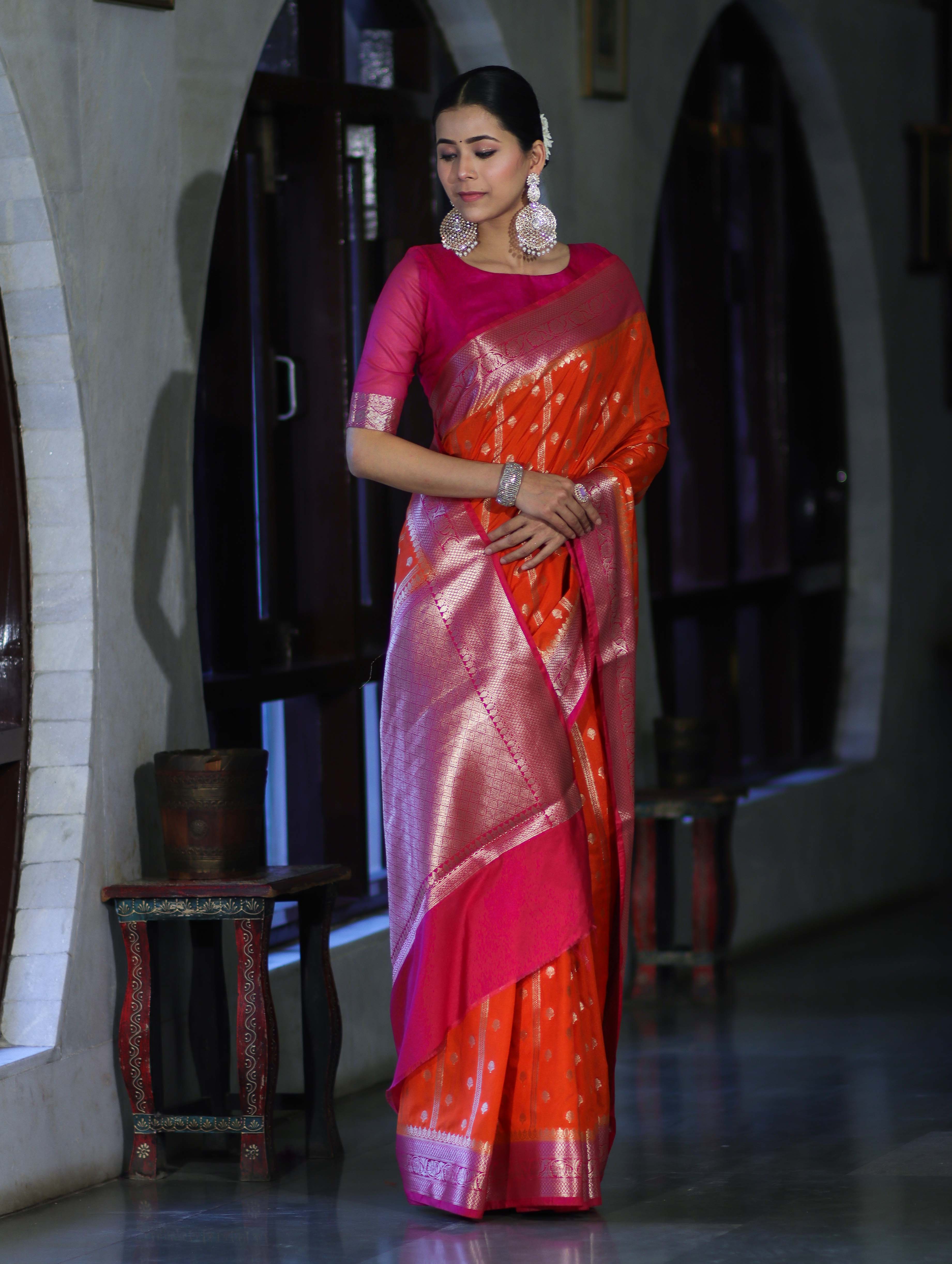 Banarasee Handloom Semi Silk Saree With Zari Design & Contrast Border-Orange & Pink
