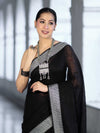 Bhagalpur Handloom Pure Linen Cotton Saree With Resham Embroidered Border-Black