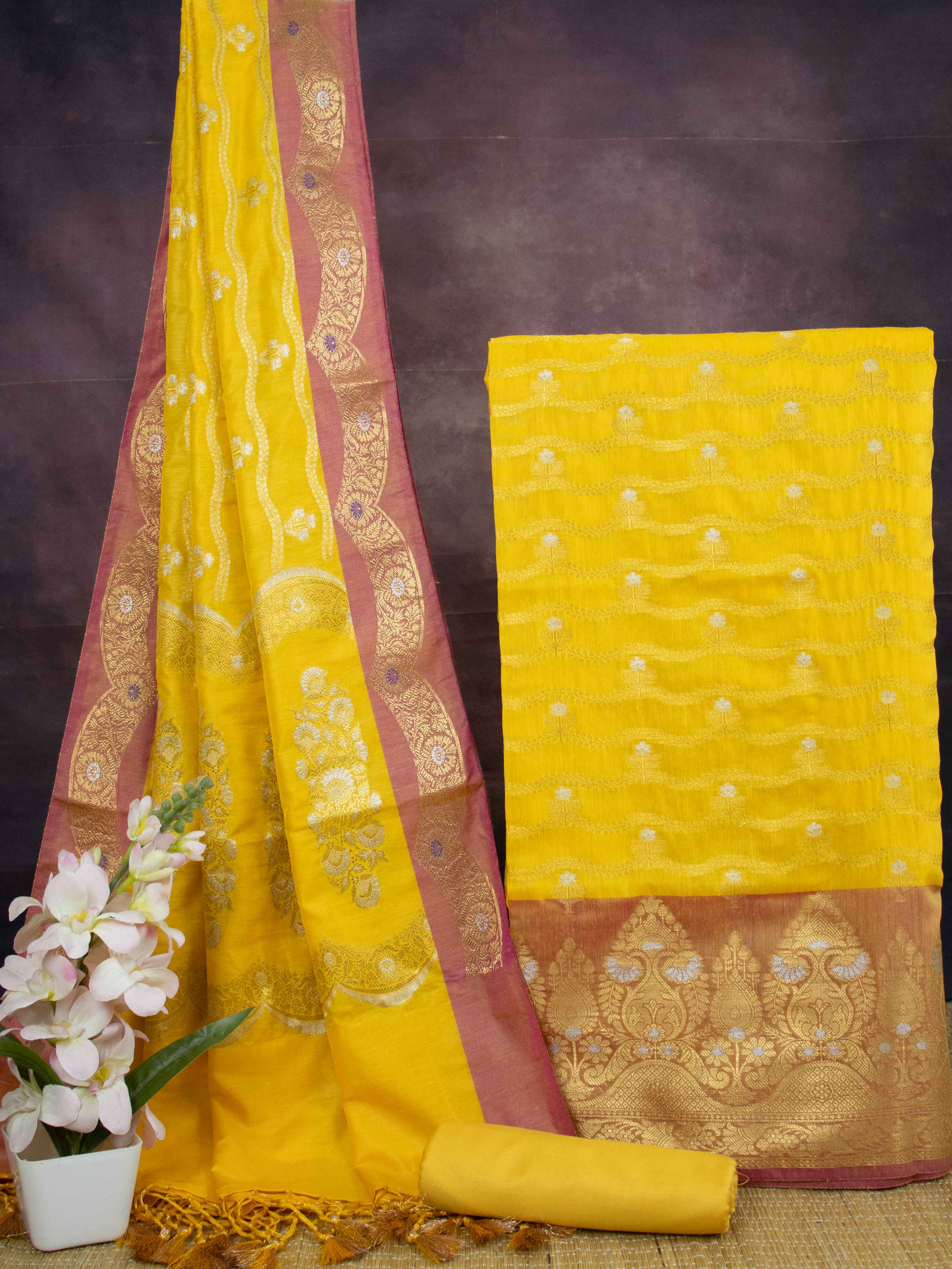 Banarasee Art Silk Zari Design Salwar Kameez With Dupatta Set-Yellow
