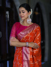 Banarasee Handloom Semi Silk Saree With Zari Design & Contrast Border-Orange & Pink