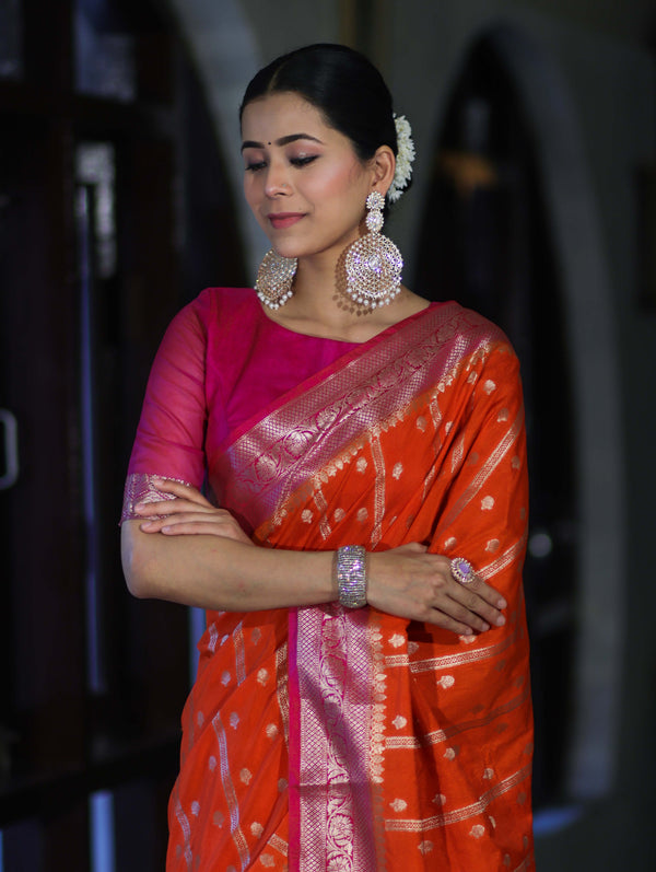 Banarasee Handloom Semi Silk Saree With Zari Design & Contrast Border-Orange & Pink