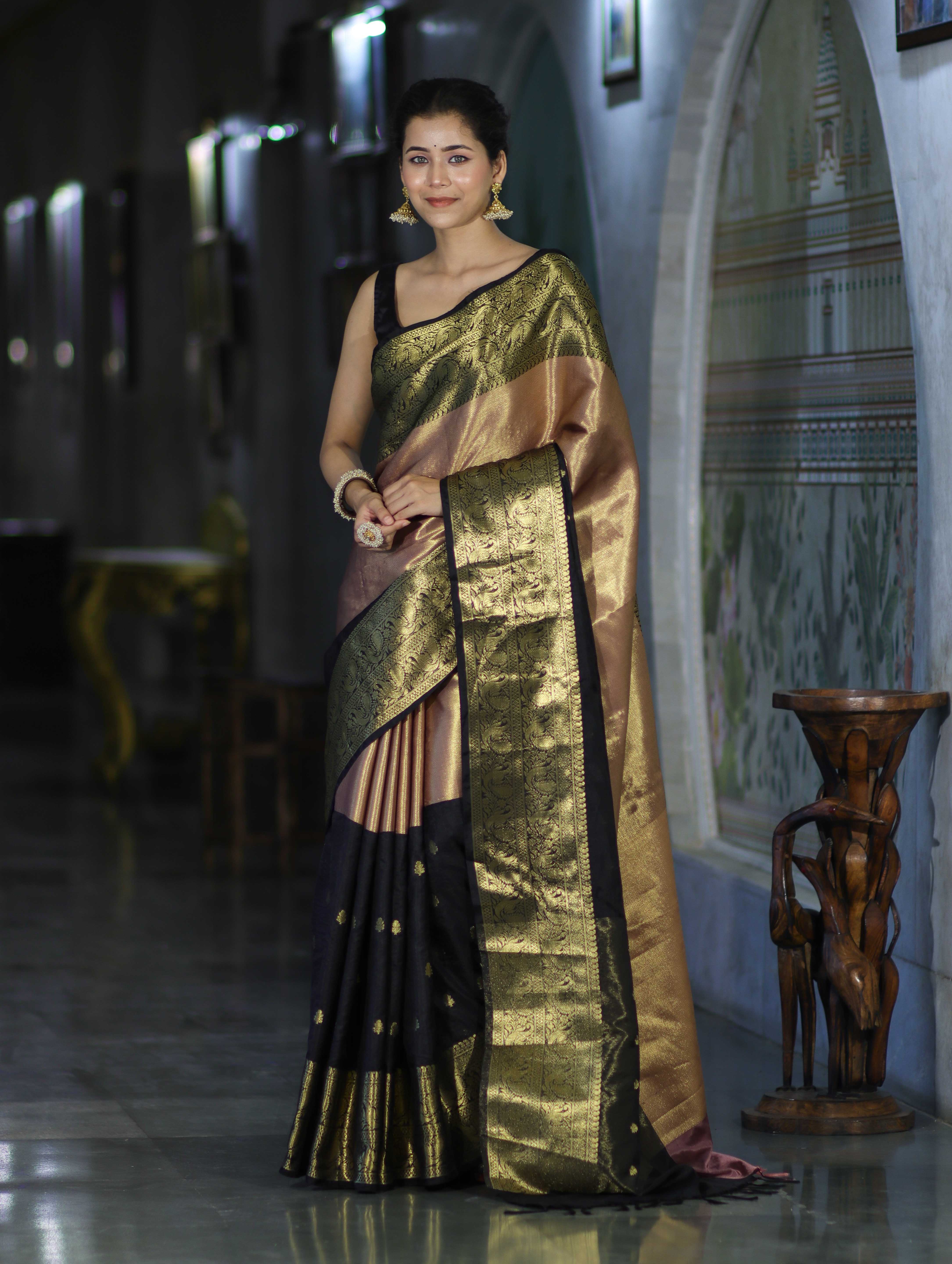 Banarasee Handloom Semi Silk Tissue Saree With Zari Design & Broad Border-Black & Peach Pink