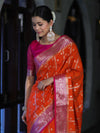 Banarasee Handloom Semi Silk Saree With Zari Design & Contrast Border-Orange & Pink